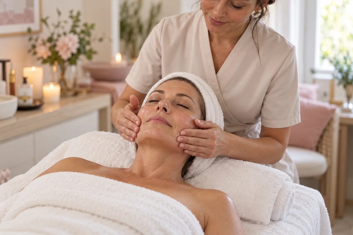 Une femme reçoit un soin du visage dans une ambiance douce et lumineuse.