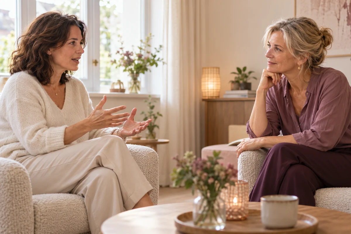 Deux femmes échangent dans un cadre chaleureux, dans une attitude d’écoute attentive.