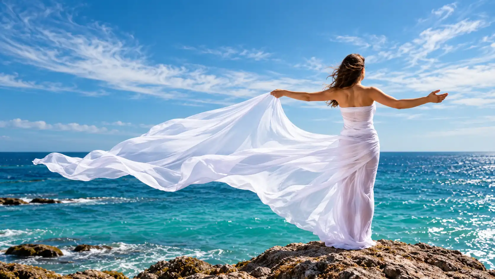 Une femme de dos, les bras ouverts face à la mer, un voile blanc porté par le vent.