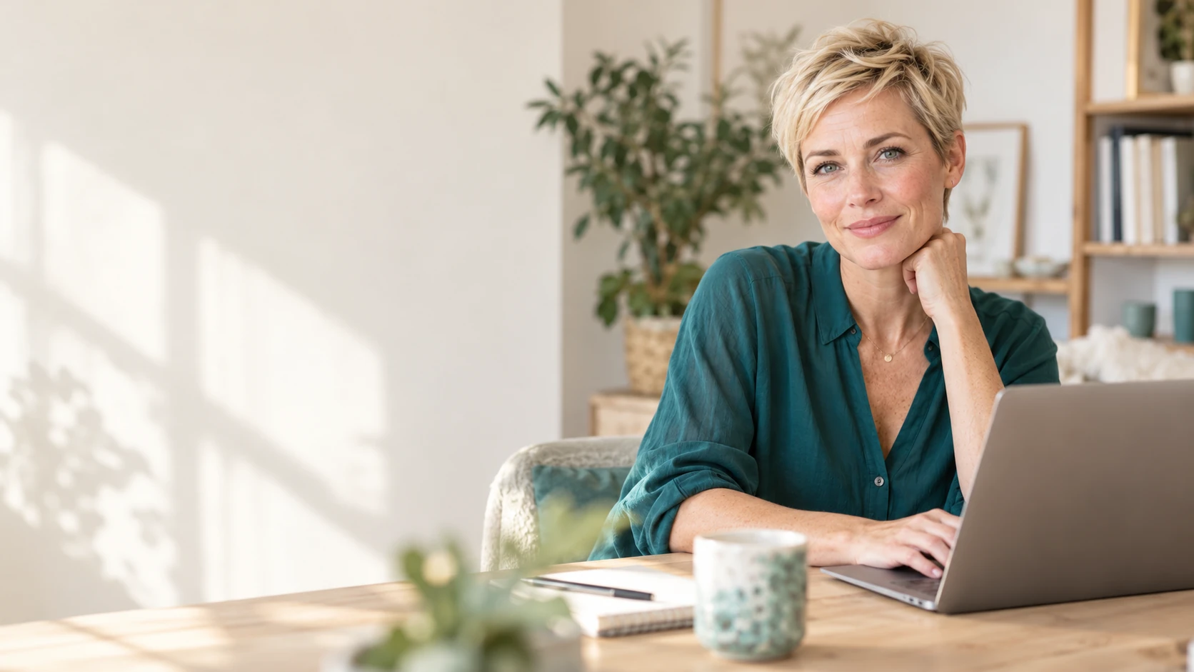 Femme blonde aux cheveux courts, en chemisier vert pétrole, assise devant son ordinateur dans un intérieur lumineux.