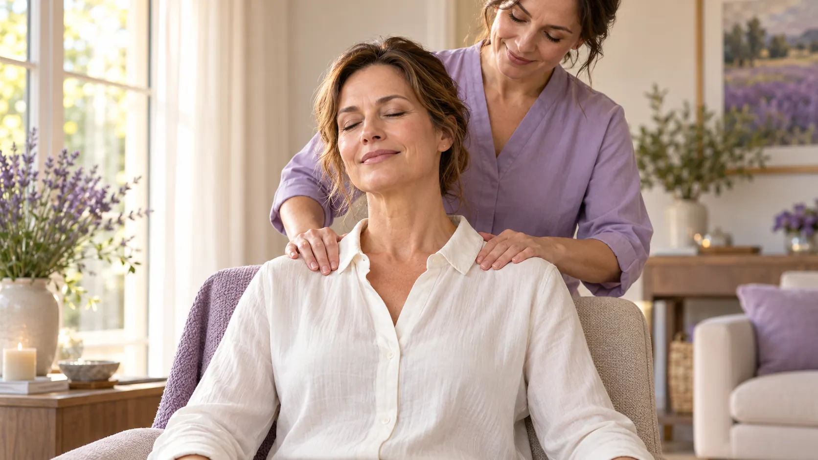 Femme assise recevant un massage des épaules par-dessus son chemisier.