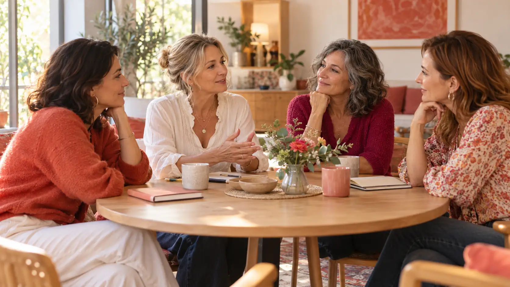Quatre femmes échangent autour d’une table dans une pièce lumineuse et chaleureuse.